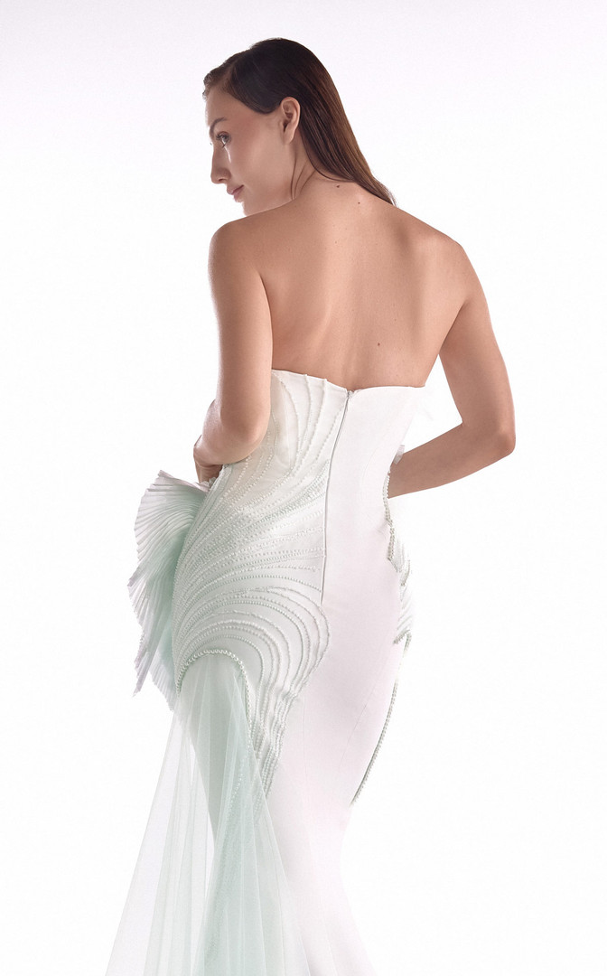 MNM Couture G2135 Satin Tulle Beaded Ruffles Strapless Gown