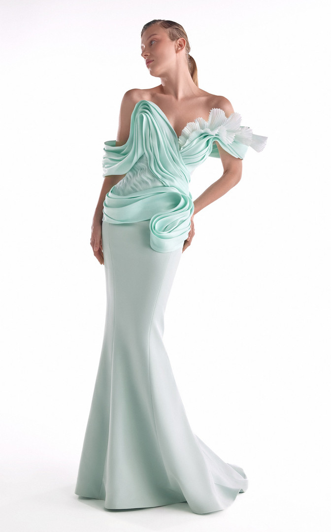MNM Couture G2136 Satin Chiffon Off-Shoulder Draping Gown