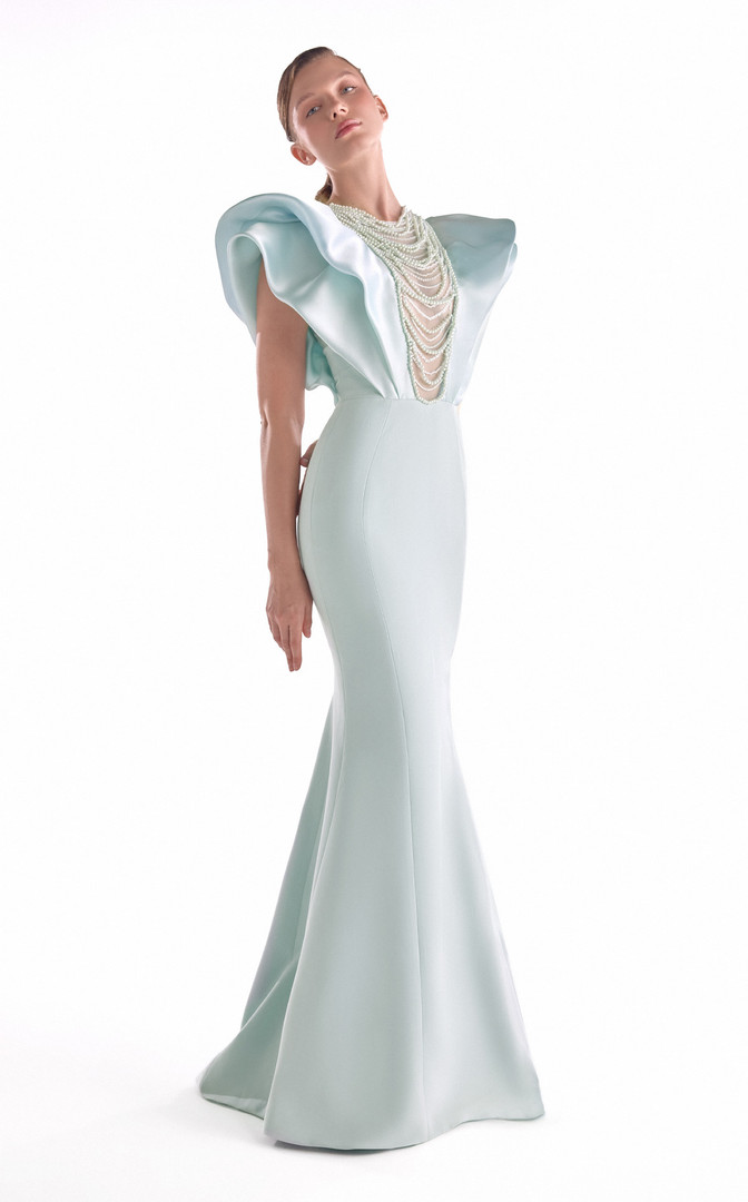 MNM Couture G2138 Satin Beaded Pearl Drapery Draping Gown