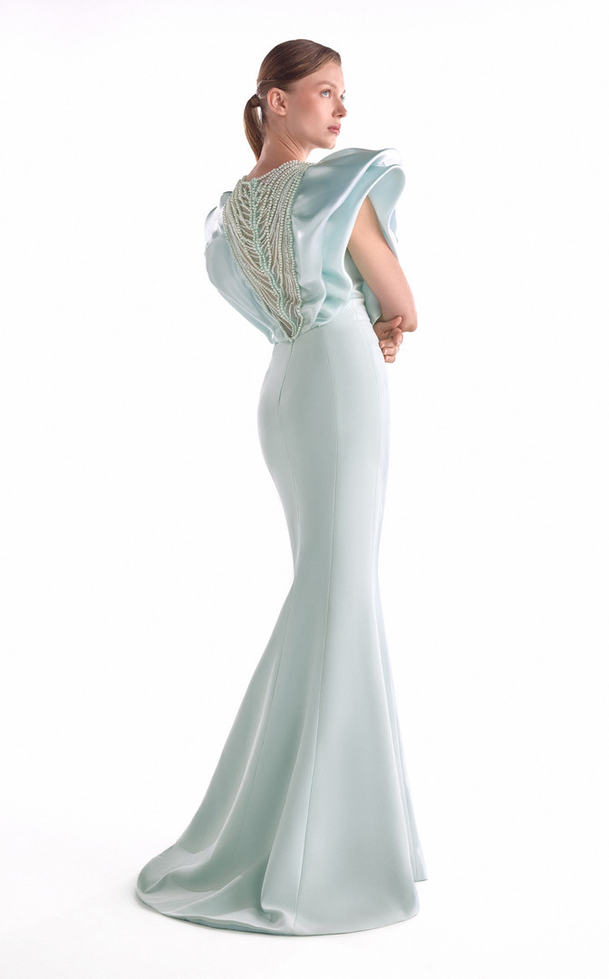 MNM Couture G2138 Satin Beaded Pearl Drapery Draping Gown