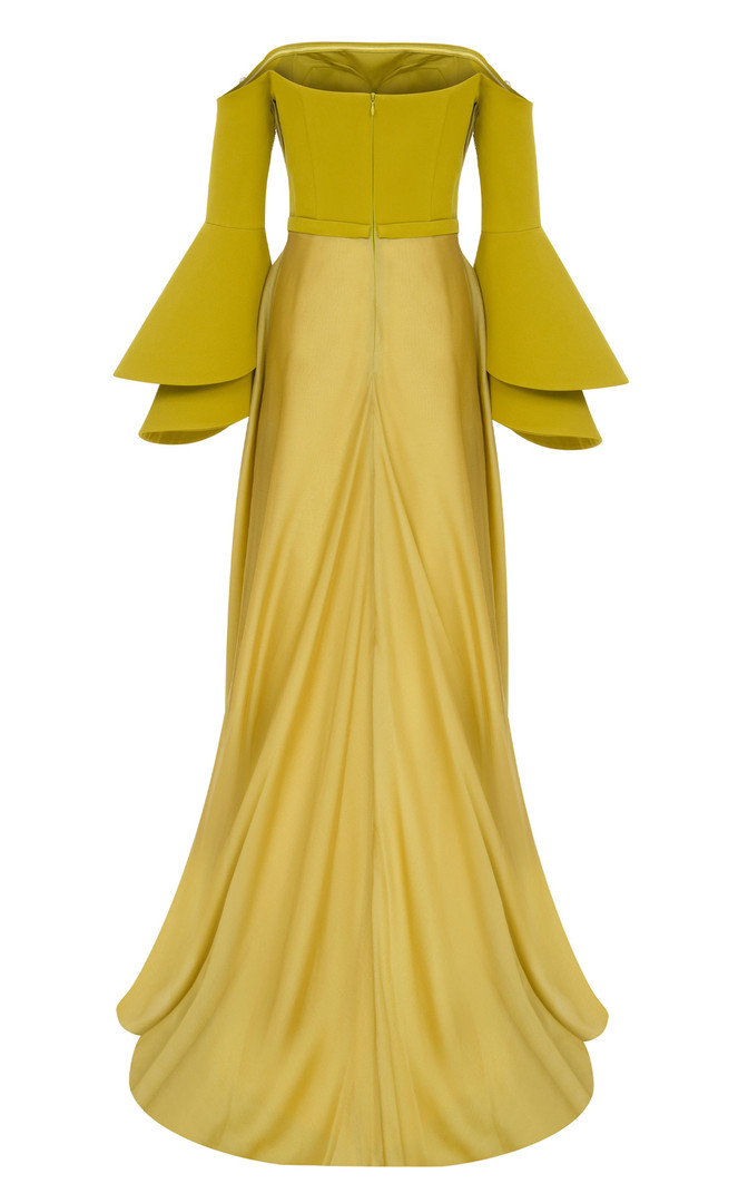 MNM Couture B1103 Crepe Bell Sleeve Strapless Pleating Gown