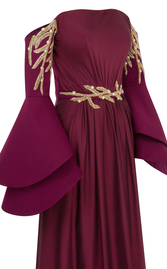 MNM Couture B1103 Crepe Bell Sleeve Strapless Pleating Gown