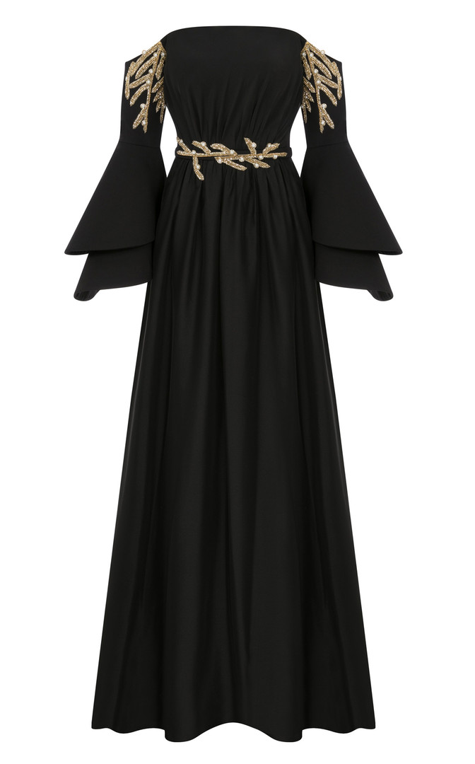 MNM Couture B1103 Crepe Bell Sleeve Strapless Pleating Gown