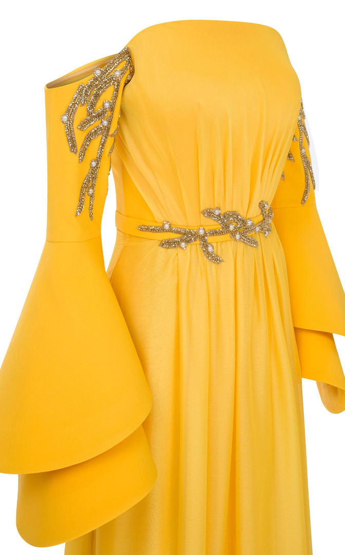 MNM Couture B1103 Crepe Bell Sleeve Strapless Pleating Gown