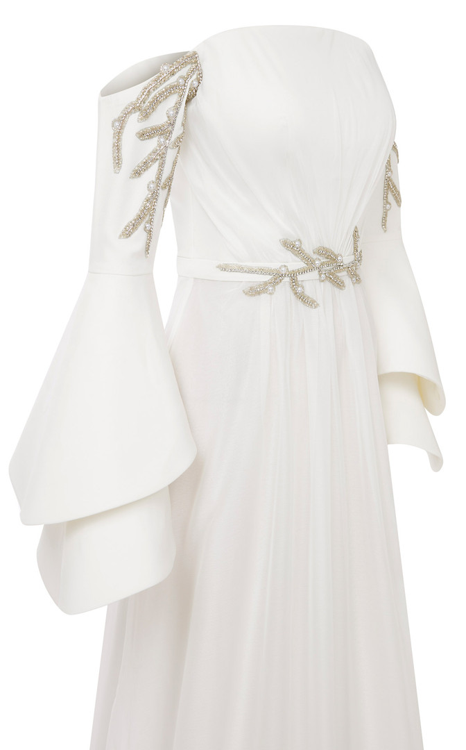 MNM Couture B1103 Crepe Bell Sleeve Strapless Pleating Gown