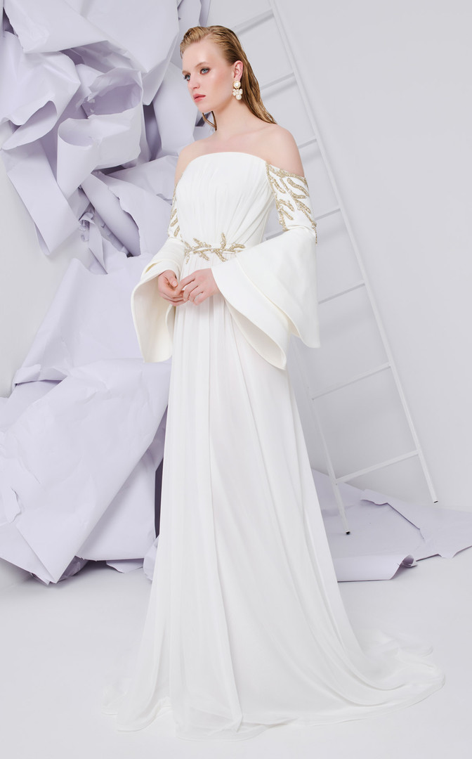 MNM Couture B1103 Crepe Bell Sleeve Strapless Pleating Gown
