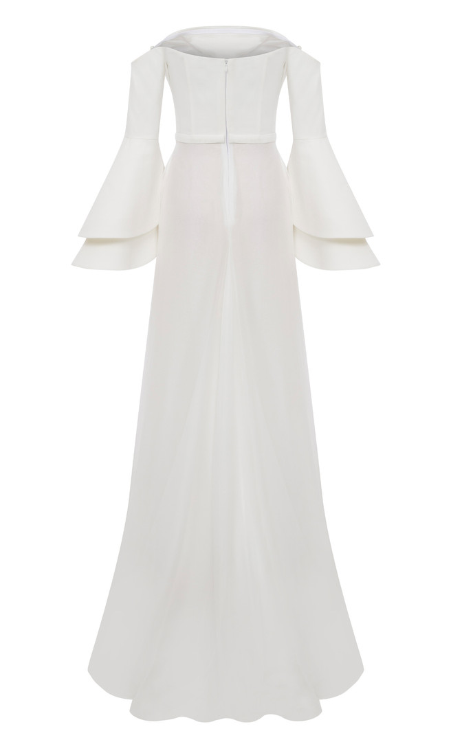 MNM Couture B1103 Crepe Bell Sleeve Strapless Pleating Gown