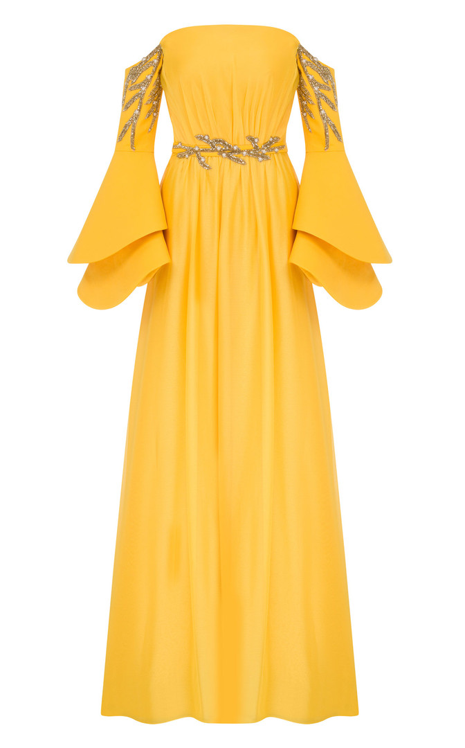 MNM Couture B1103 Crepe Bell Sleeve Strapless Pleating Gown