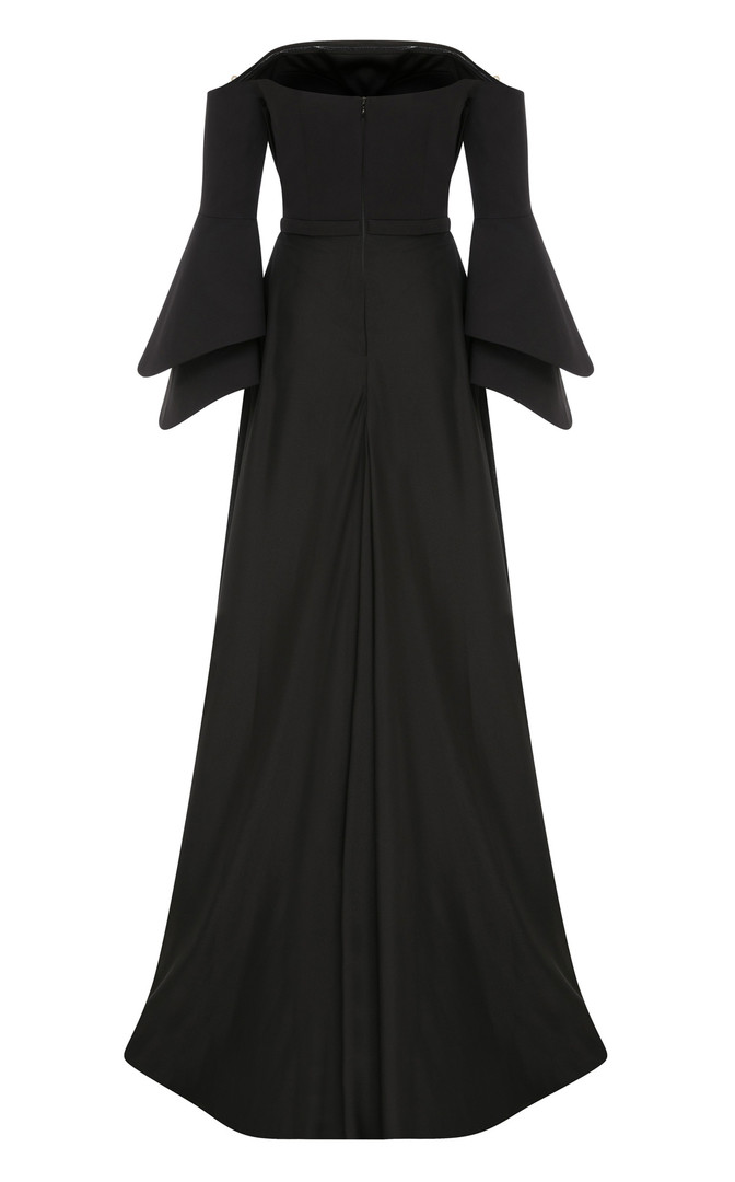 MNM Couture B1103 Crepe Bell Sleeve Strapless Pleating Gown