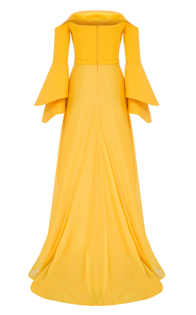 MNM Couture B1103 Crepe Bell Sleeve Strapless Pleating Gown