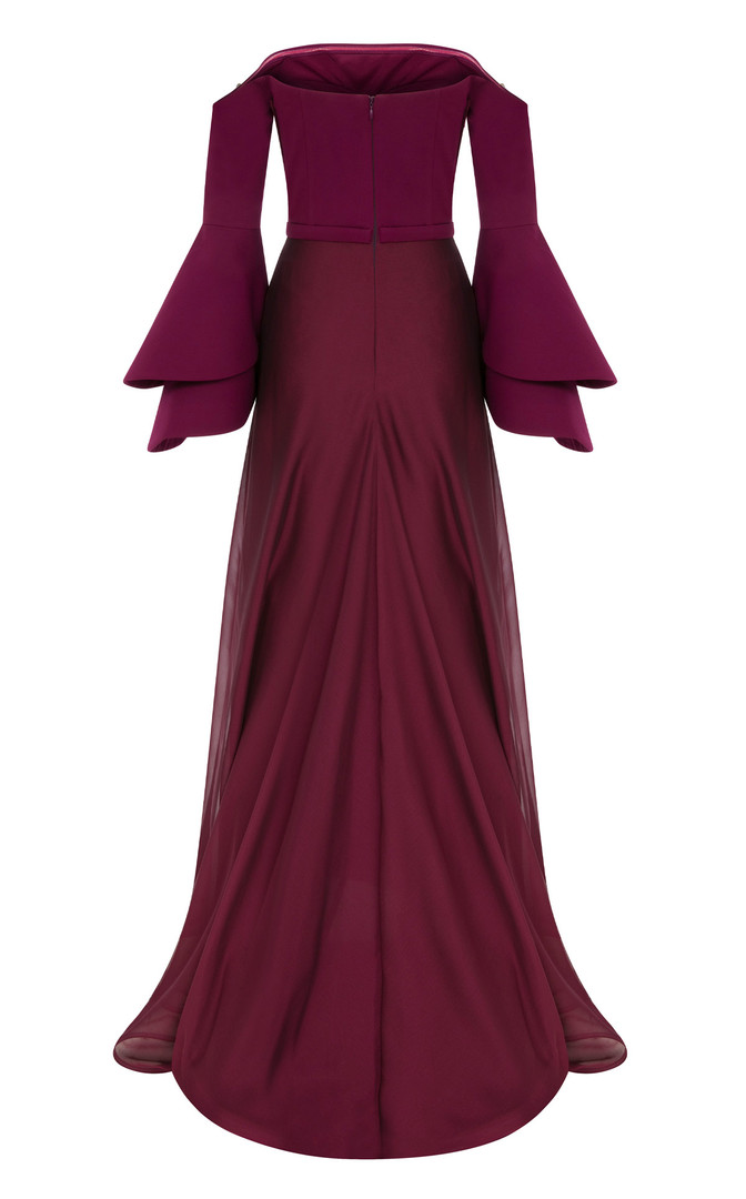 MNM Couture B1103 Crepe Bell Sleeve Strapless Pleating Gown