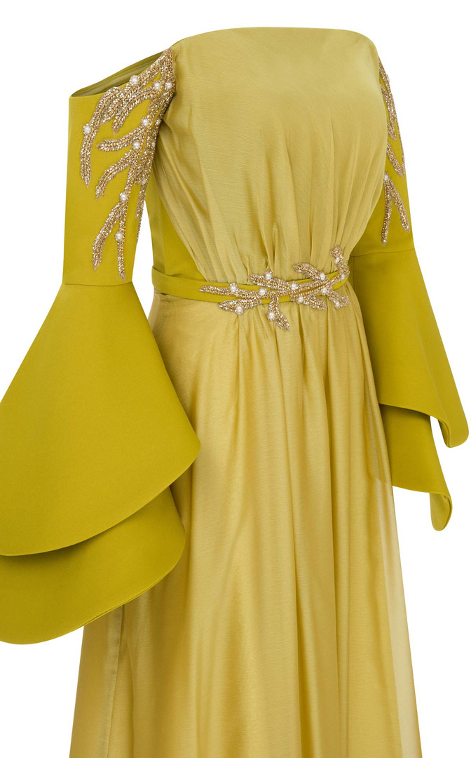 MNM Couture B1103 Crepe Bell Sleeve Strapless Pleating Gown