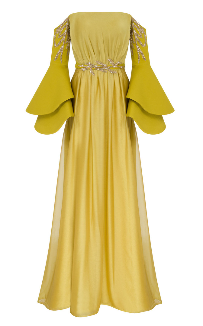 MNM Couture B1103 Crepe Bell Sleeve Strapless Pleating Gown