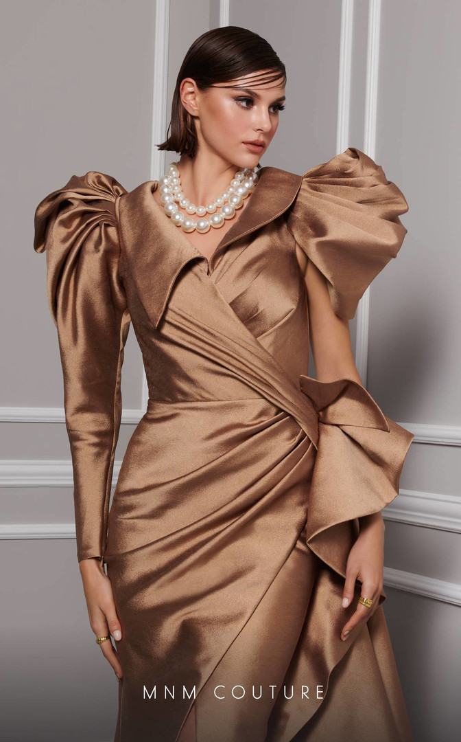 MNM Couture 2726 Taffeta Shirt Collar Puffed Sleeves Gown