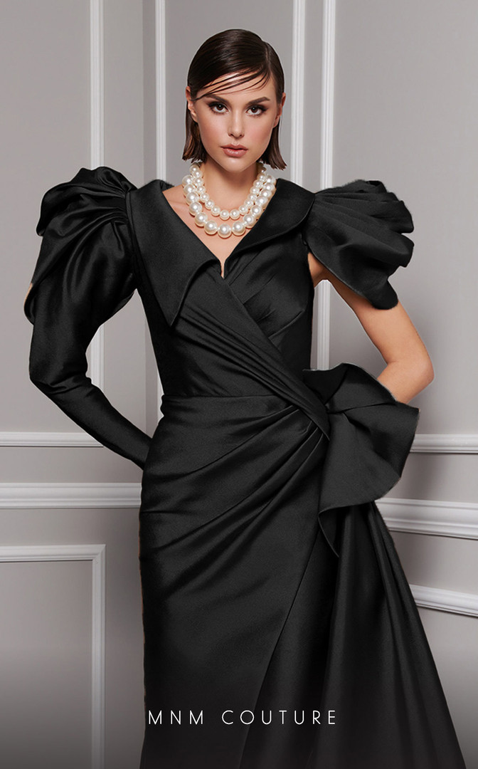 MNM Couture 2726 Taffeta Shirt Collar Puffed Sleeves Gown