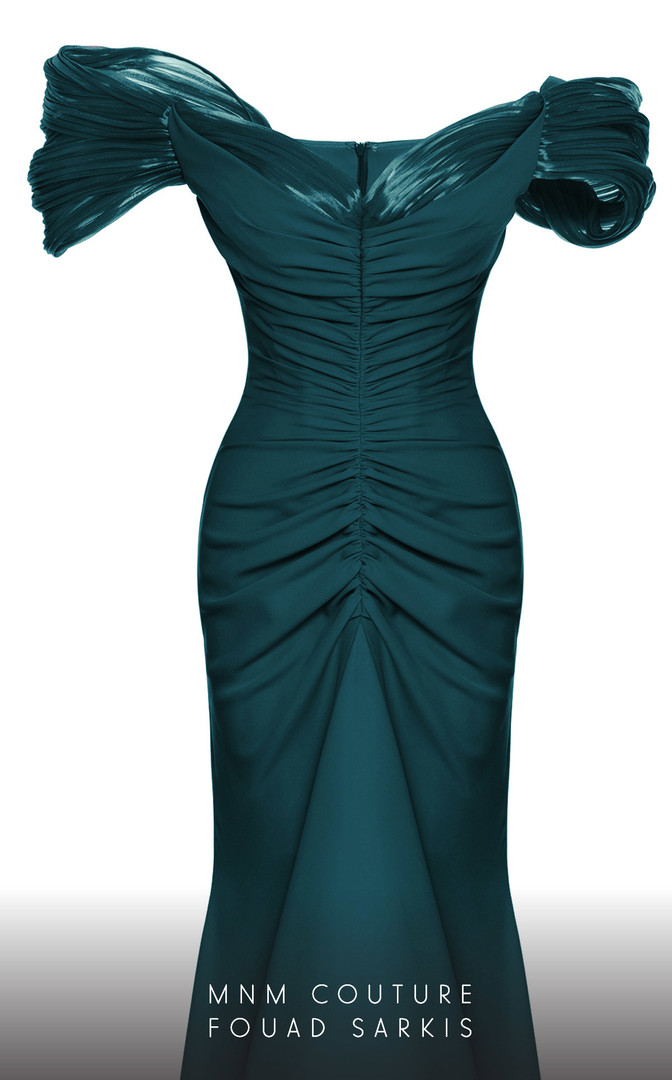 MNM Couture 2774 Crepe V-Neck Short Sleeve Ruched Long Gown