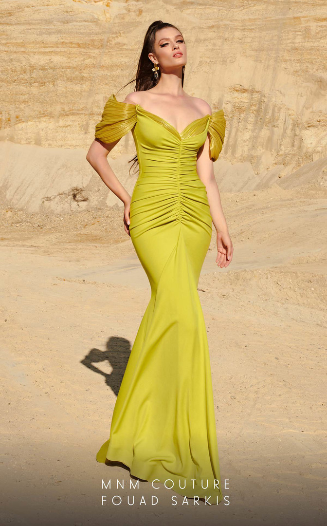 MNM Couture 2774 Crepe V-Neck Short Sleeve Ruched Long Gown