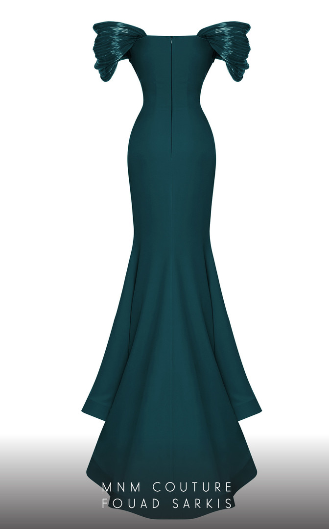 MNM Couture 2774 Crepe V-Neck Short Sleeve Ruched Long Gown