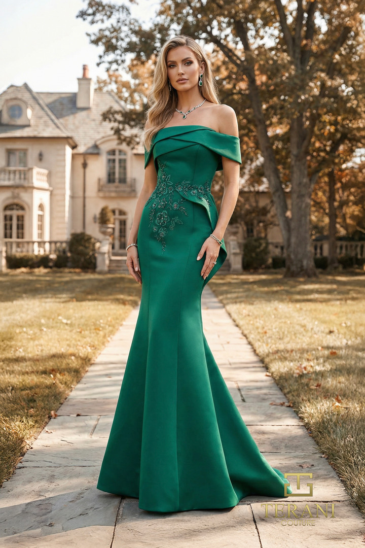Terani Couture 262E7053 Satin Embroidered Off-Shoulder Gown
