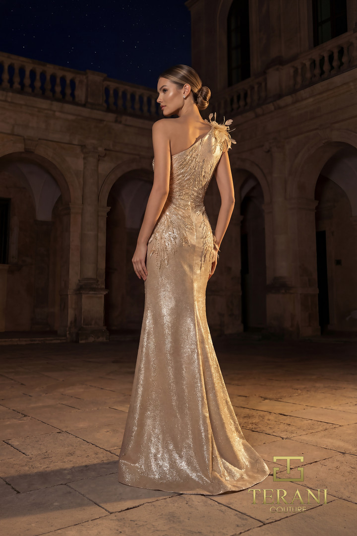 Terani Couture 262E7062 Metallic Shimmer One-Shoulder Gown