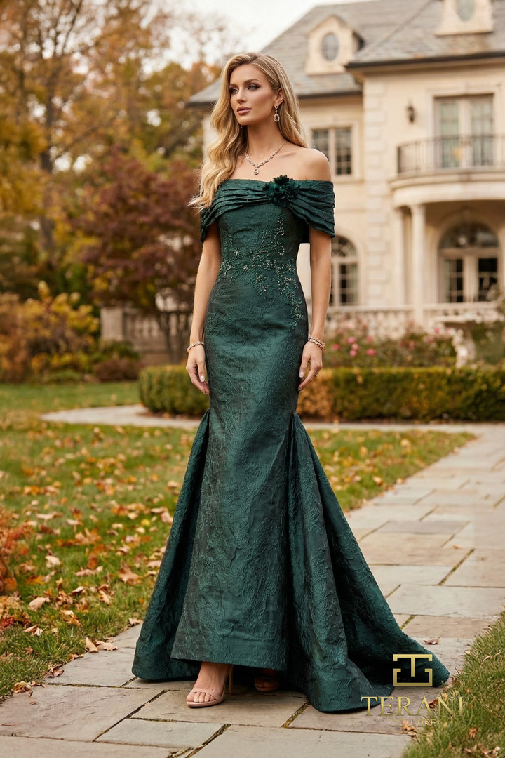 Terani Couture 262E7069 Textrured Jacquard Off-Shoulder Gown