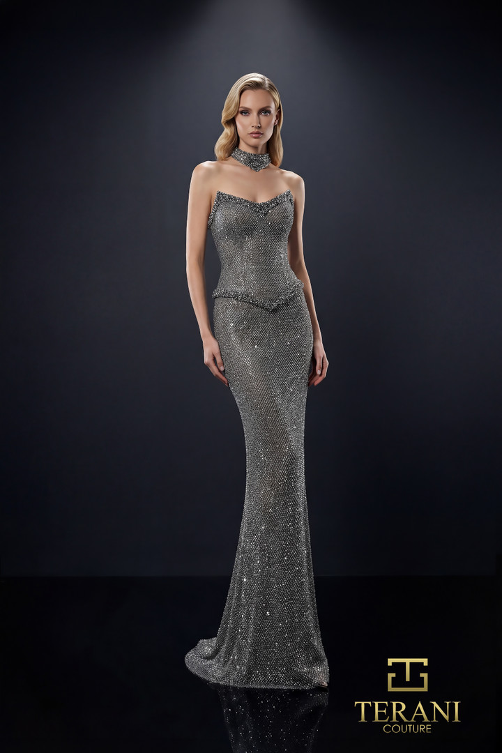 Terani Couture 262E7081 Beads Fishnet Glitter Strapless Gown