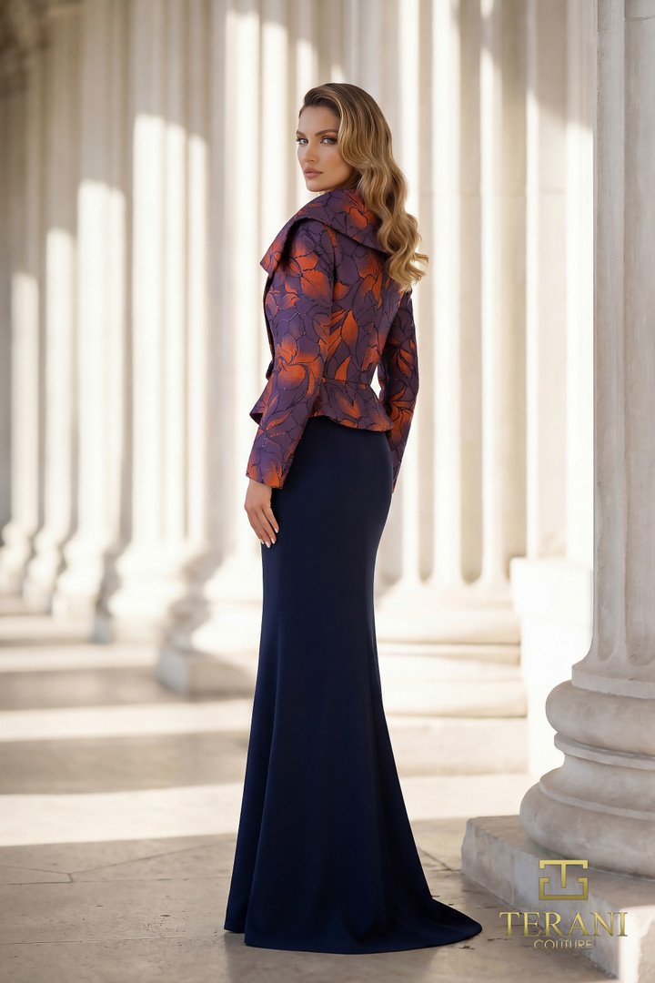 Terani Couture 262E7090 Jacquaard Crepe Long Sleeve Gown