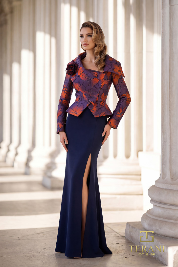 Terani Couture 262E7090 Jacquaard Crepe Long Sleeve Gown