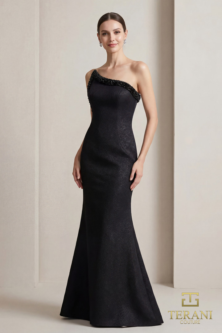 Terani Couture 262E7107 Stretch Jacquard Asymmetrical Gown