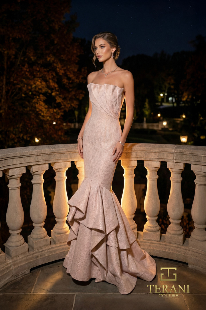 Terani Couture 262E7108 Stretch Jacquard Tiered Ruffle Gown
