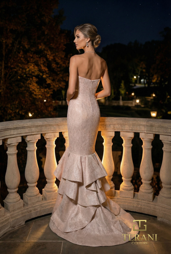 Terani Couture 262E7108 Stretch Jacquard Tiered Ruffle Gown