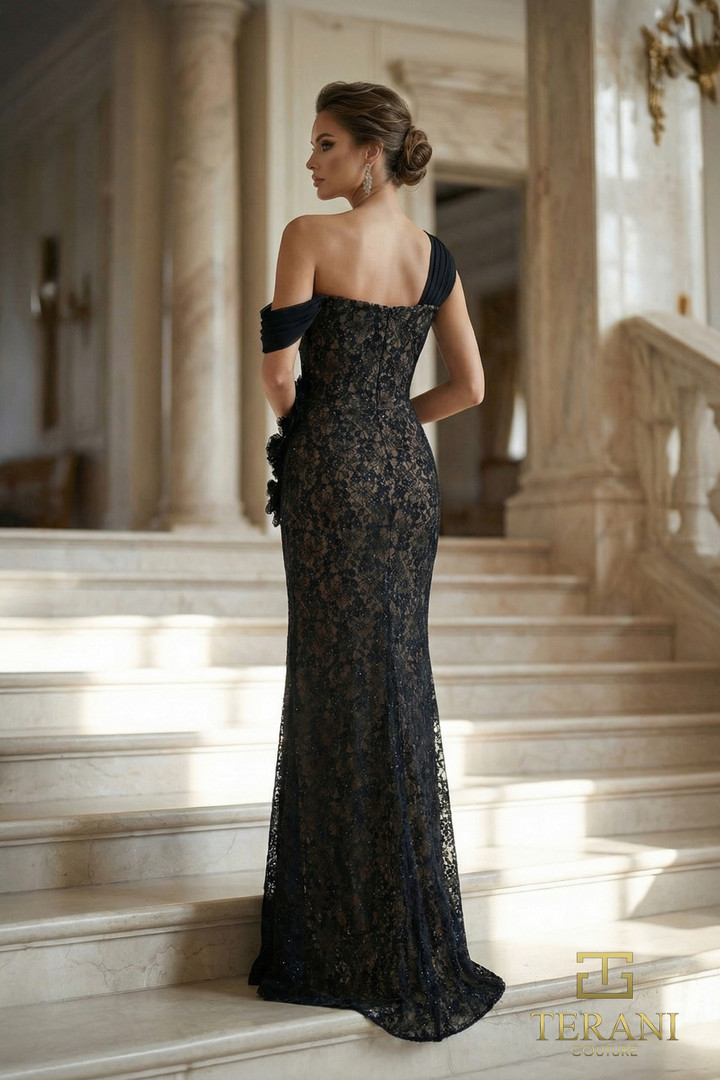 Terani Couture 262E7112 3D Floral Lace One-Shoulder Gown