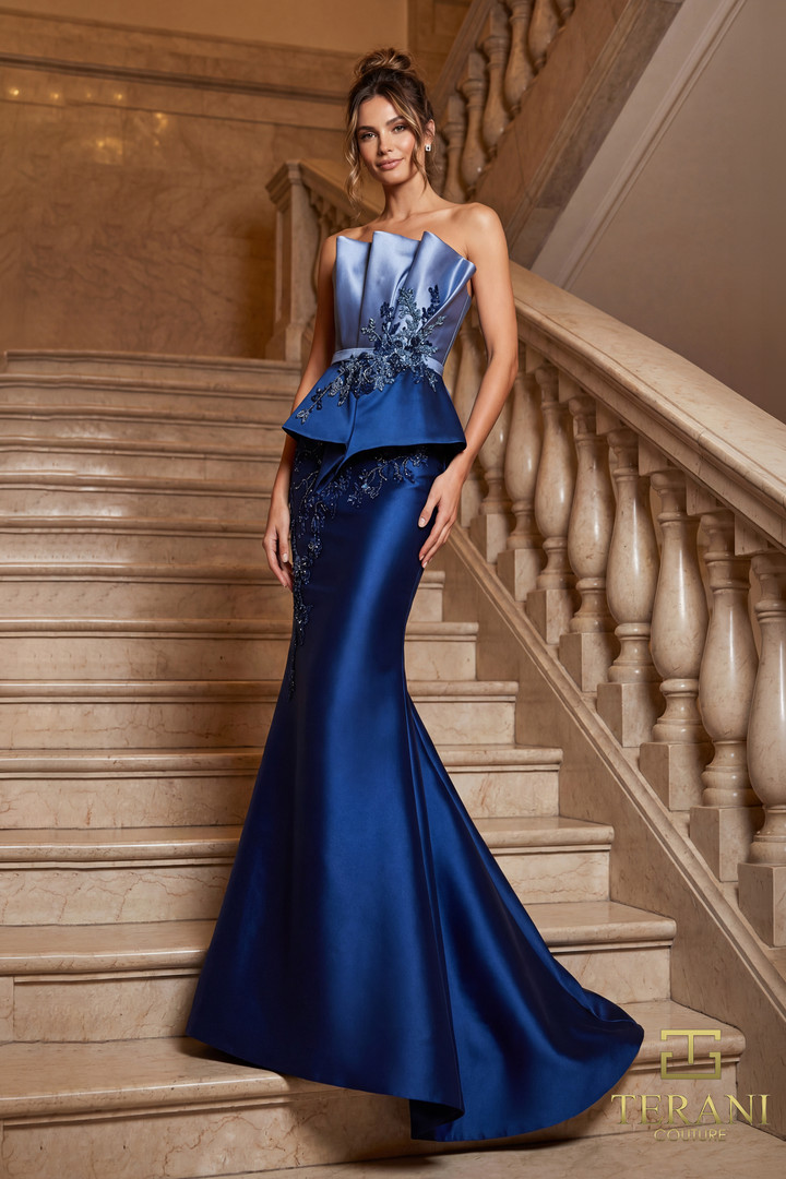 Terani Couture 262E7115 Mikado Architectural Fan Neck Gown