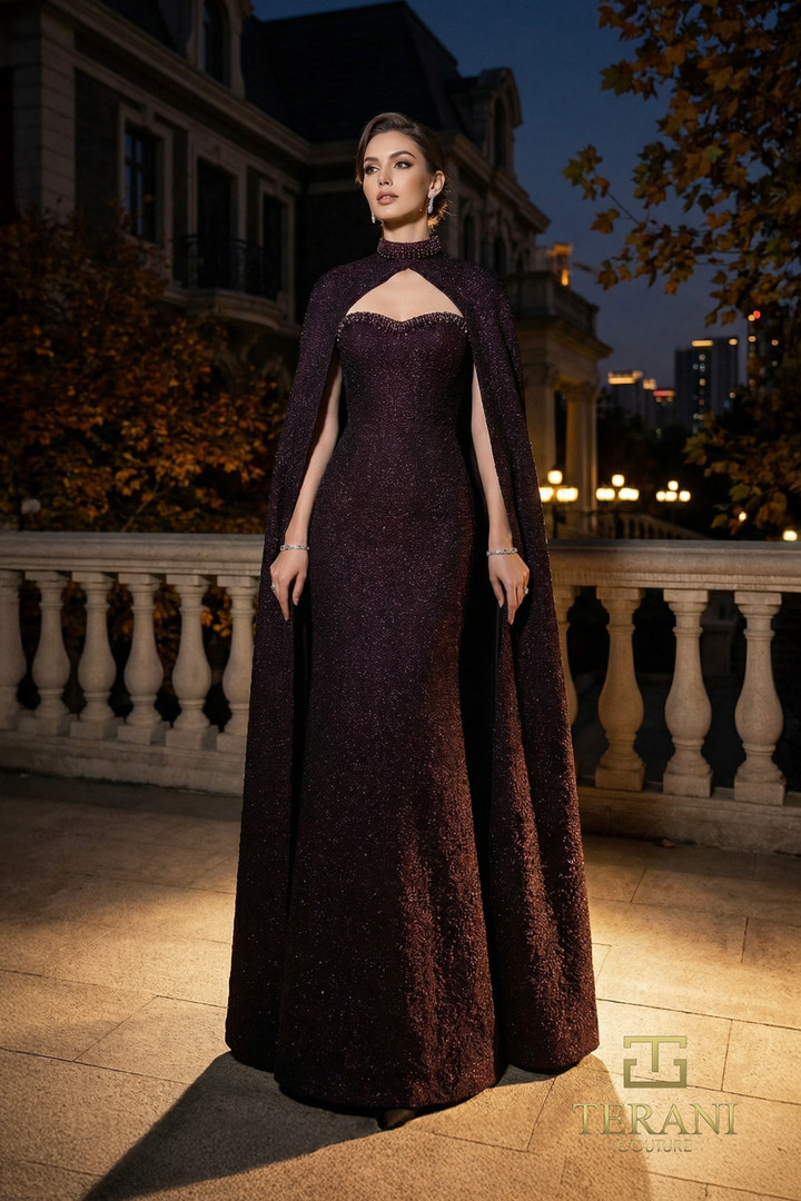 Terani Couture 262E7125 Gratacos Jacquard Mock Neck Gown