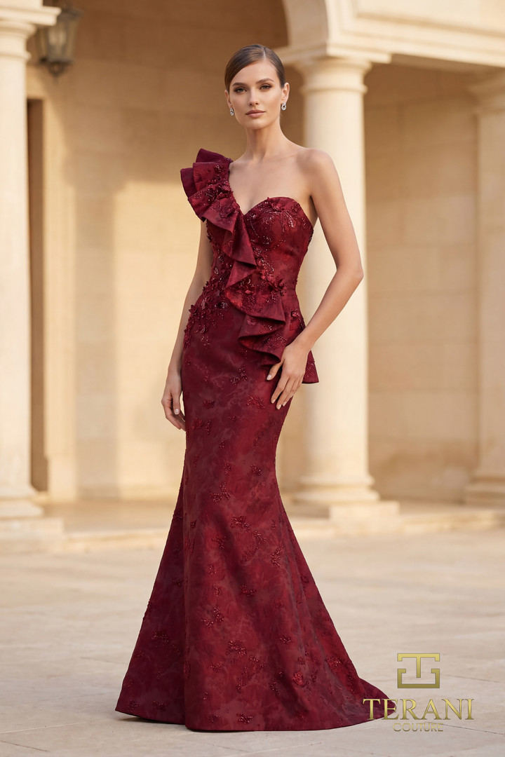 Terani Couture 262E7136 Splatter Jacquard One-Shoulder Gown