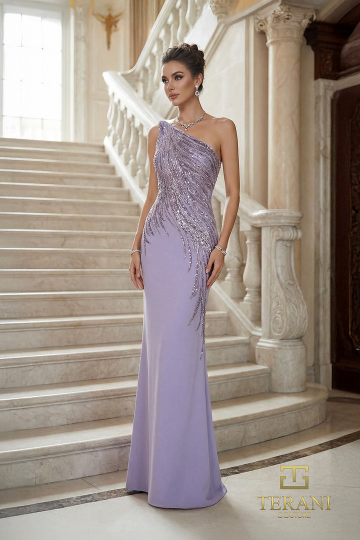 Terani Couture 262E7354 Stretch Twill Asymmetrical Neck Gown