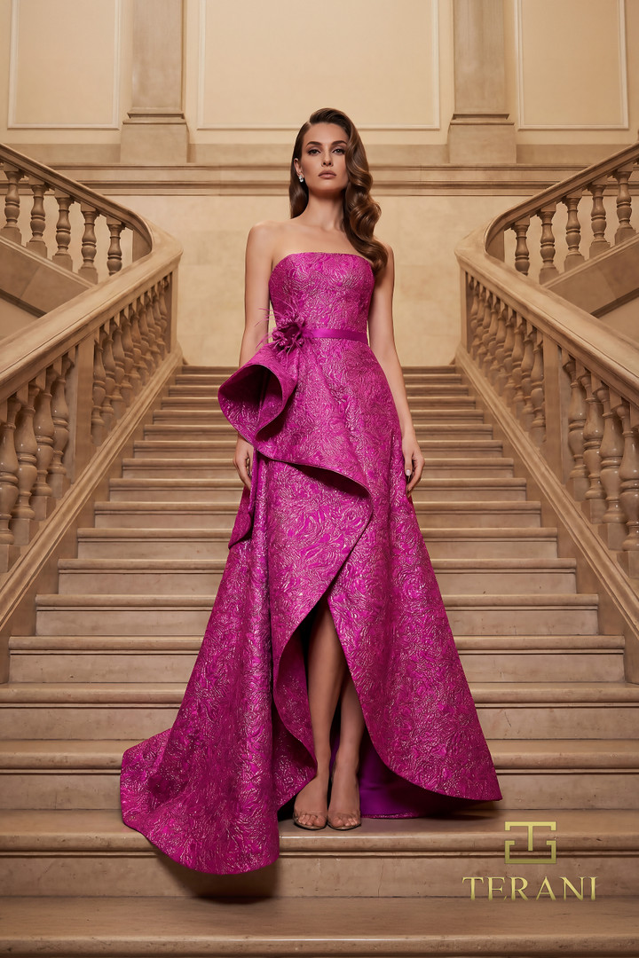 Terani Couture 262E7355 Metallic Jacquard Strapless Gown