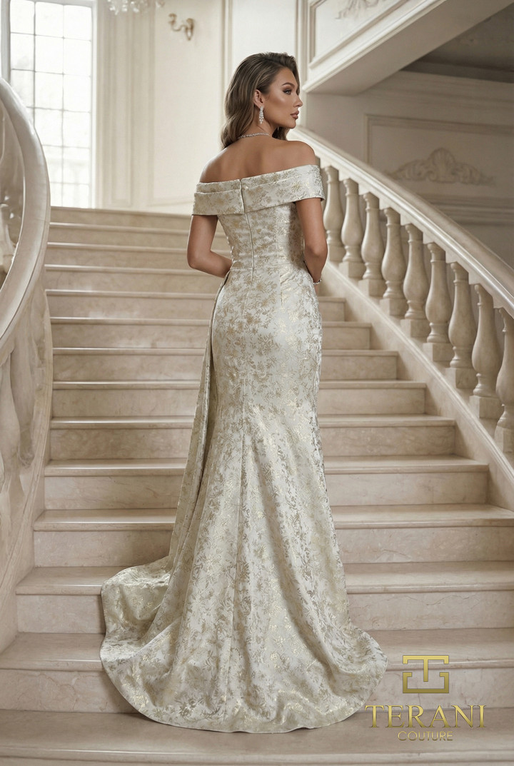 Terani Couture 262E7537 Floral Jacquard Off-Shoulder Gown