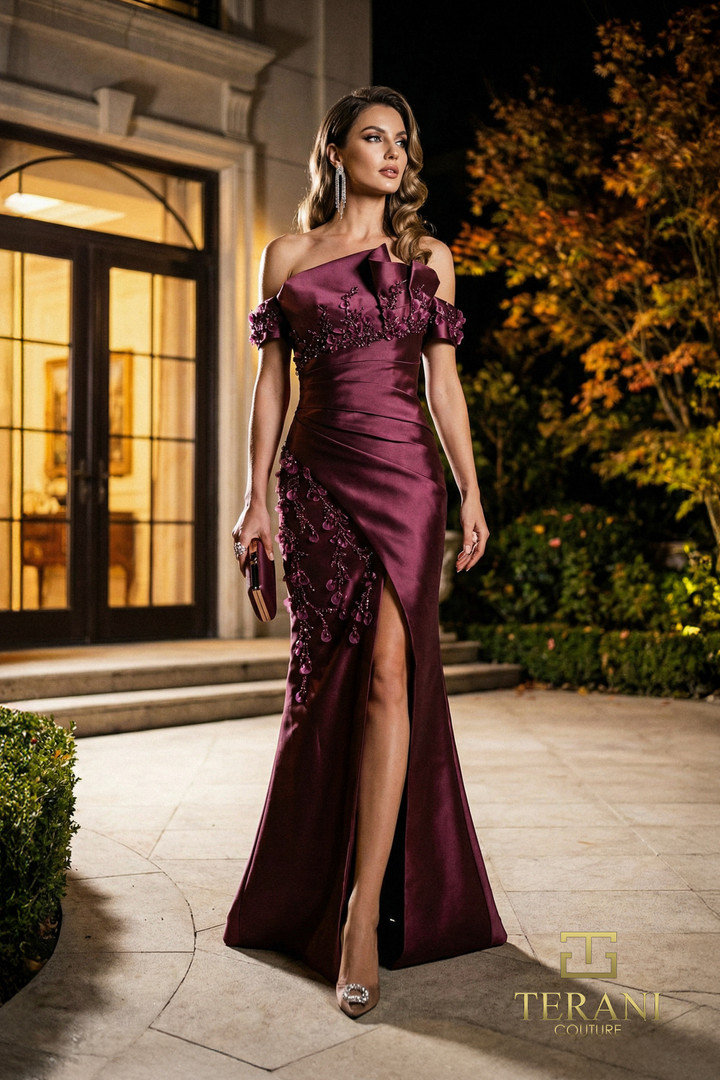 Terani Couture 262M7254 Mikado 3D Florals Off-Shoulder Gown