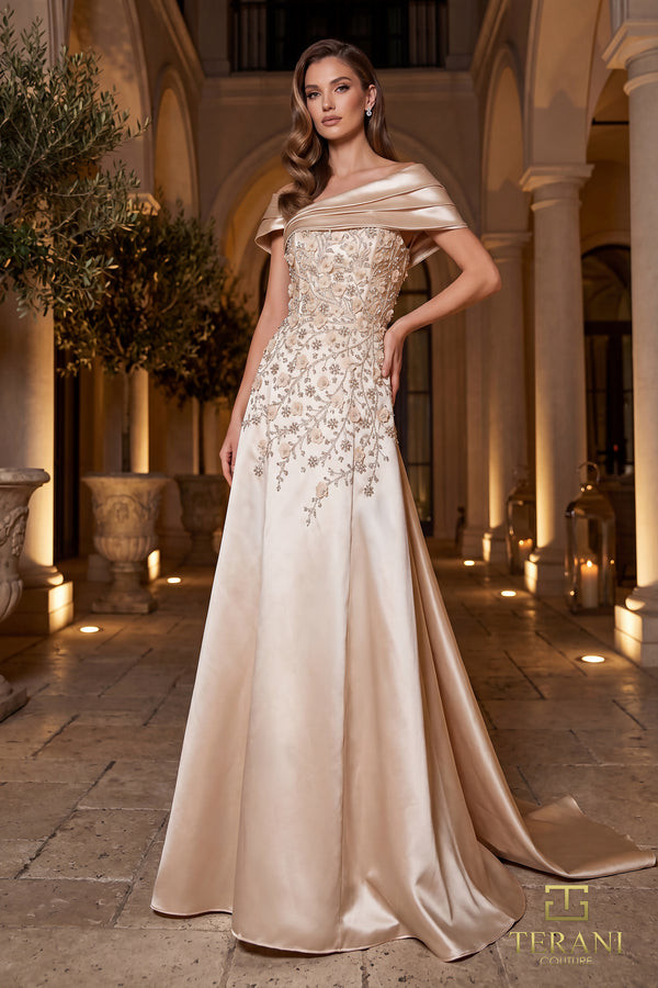 Terani Couture 262M7258 Mikado Off-Shoulder Sleeve Long Gown