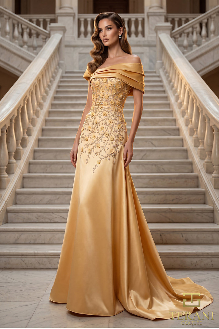 Terani Couture 262M7258 Mikado Off-Shoulder Sleeve Long Gown