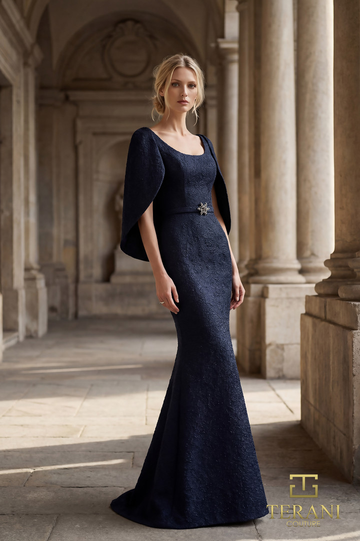 Terani Couture 262M7262 Textured Jacquard Brocade Cape Gown