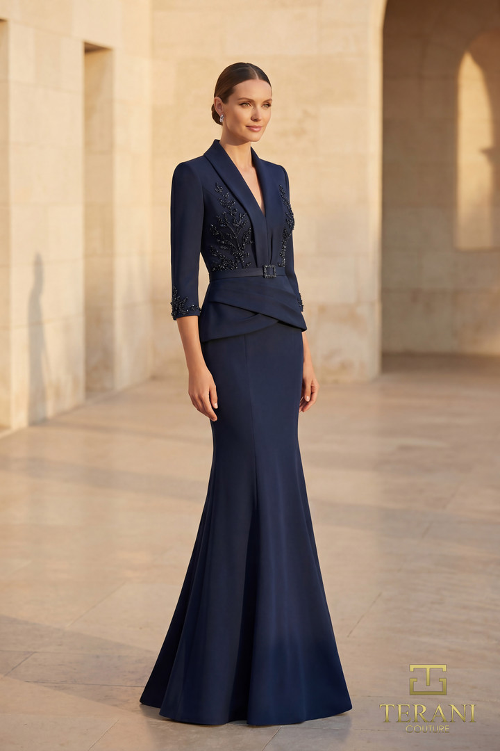 Terani Couture 262M7263 Stretch Mikado Shawl Collar Gown