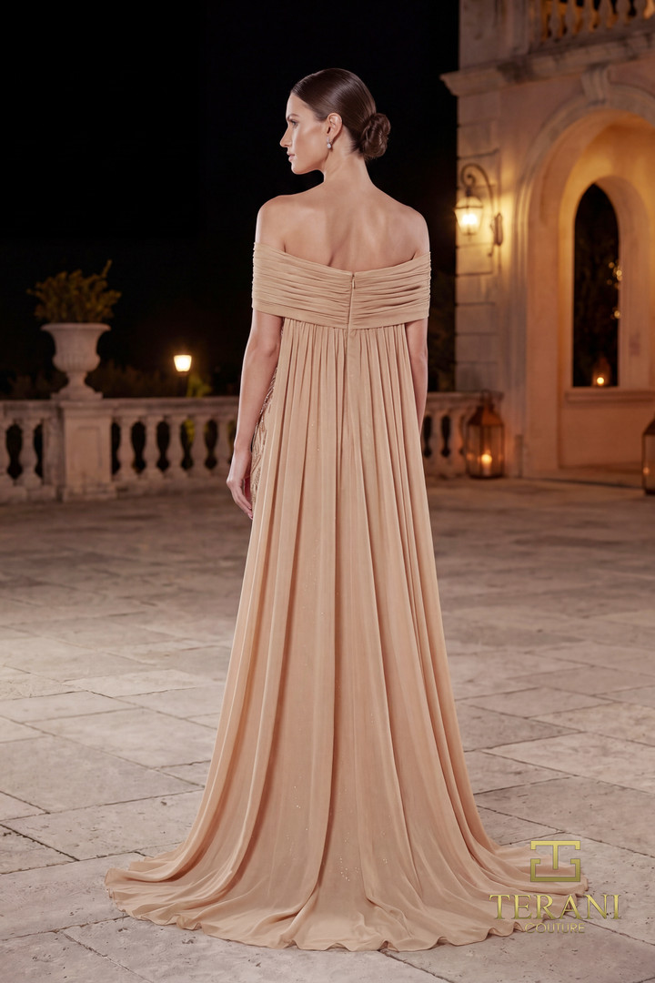 Terani Couture 262M7264 Chiffon Beaded Off-the-Shoulder Gown