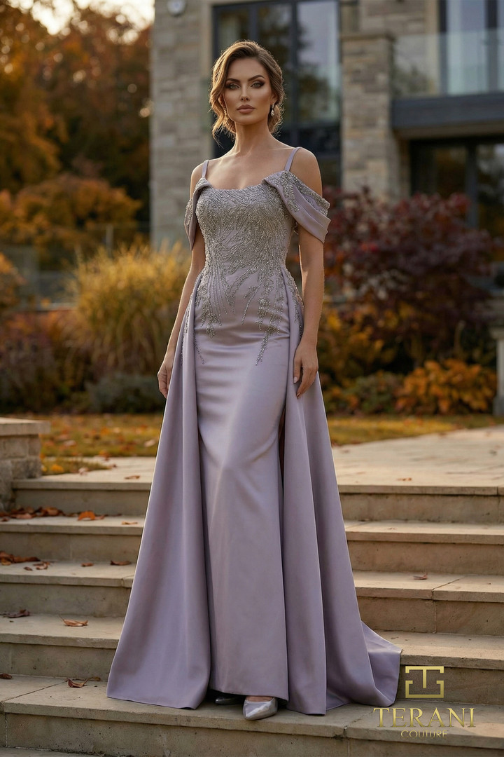 Terani Couture 262M7286 Satin Cold-Shoulder Overskirt Gown