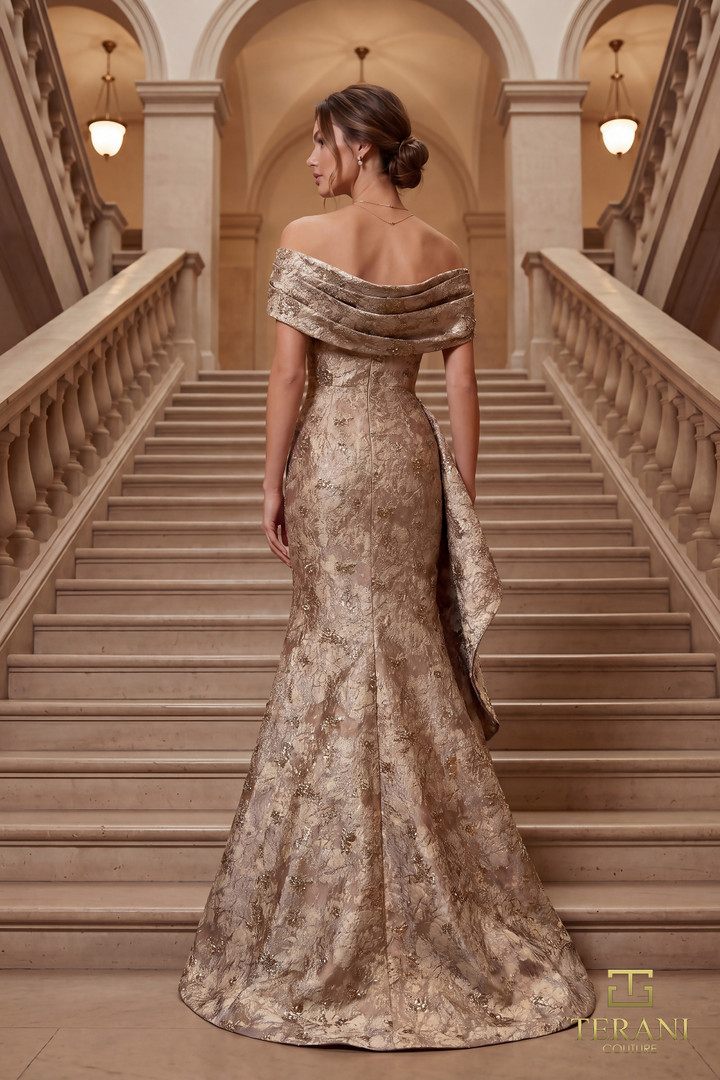 Terani Couture 262M7298 Splatter Jacquard Off-shoulder Gown