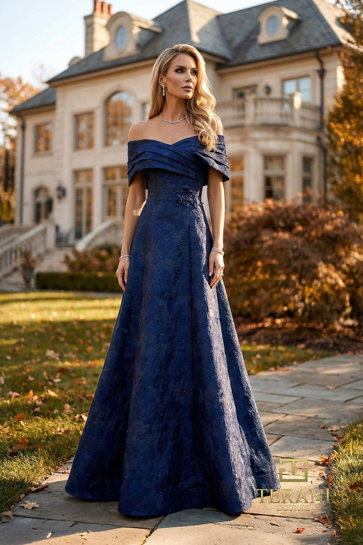 Terani Couture 262M7299 Splatter Jacquard Off-shoulder Gown