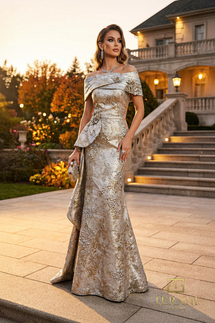 Terani Couture 262M7303 Jacquard Metallic Off-shoulder Gown