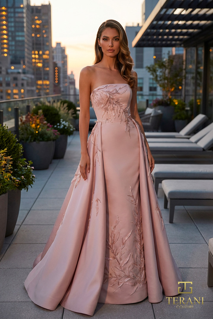Terani Couture 262M7306 Matte Satin Strapless Overskirt Gown