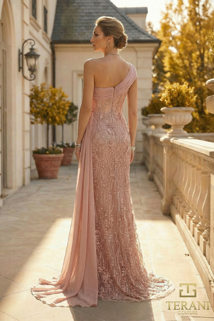 Terani Couture 262M7308 Chiffon Tulle One-Shoulder Gown